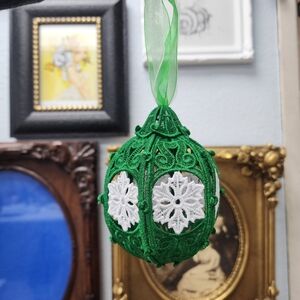 Christmas Globe Ornament - Embroidered Filigree with Snowflake pattern - HM